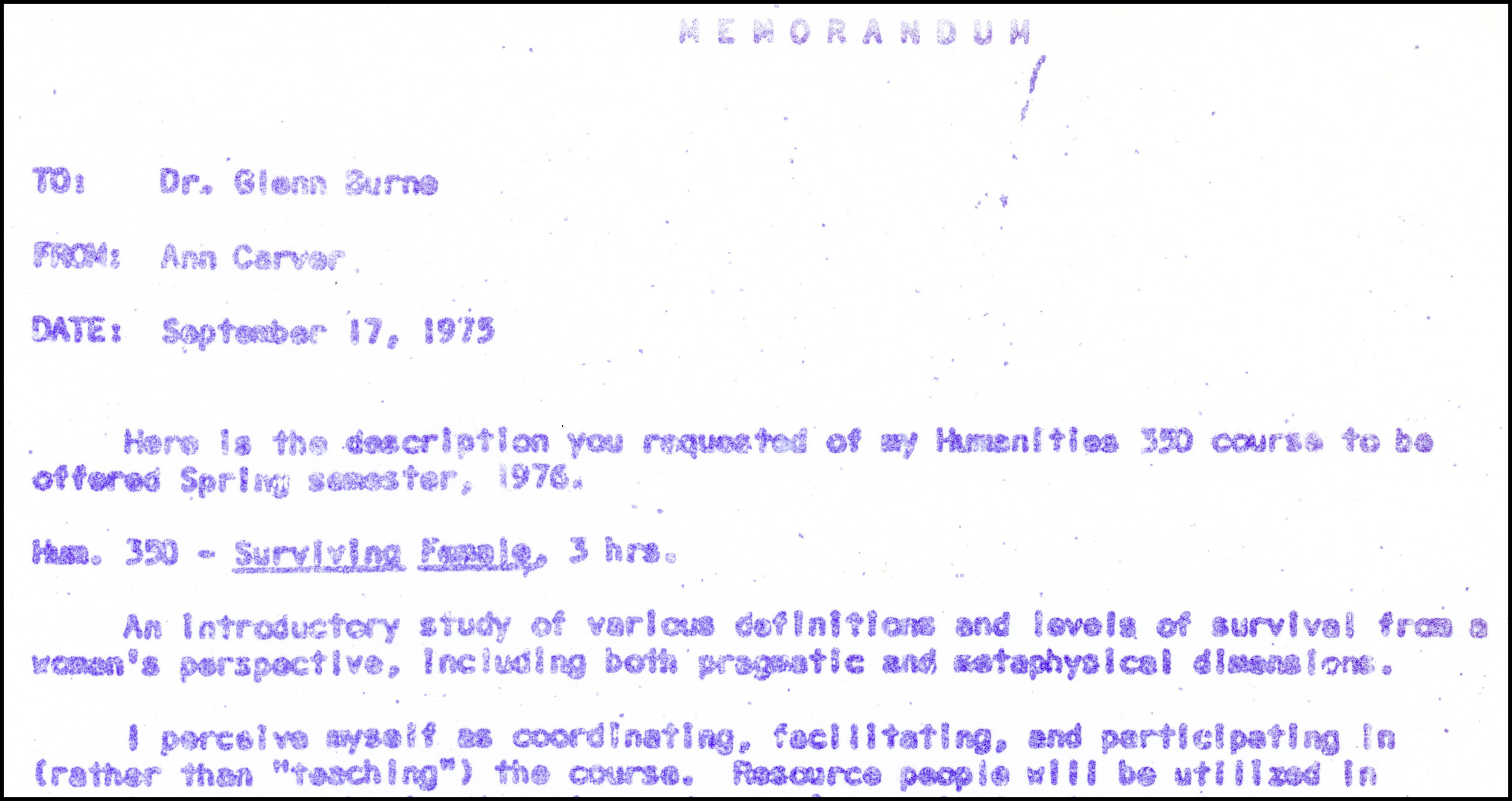 The heading and first few lines of a memorandum, dated September 17, 1975, describing a new humanities course titled “Surviving Female.” The text is purple with rounded edges, lacking sharp lines; background is white.